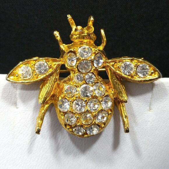 Vintage Clear Rhinestone Bee Brooch, Gold Plated, Insect Pin, 1 1/4 Inches - Picture 3 of 9